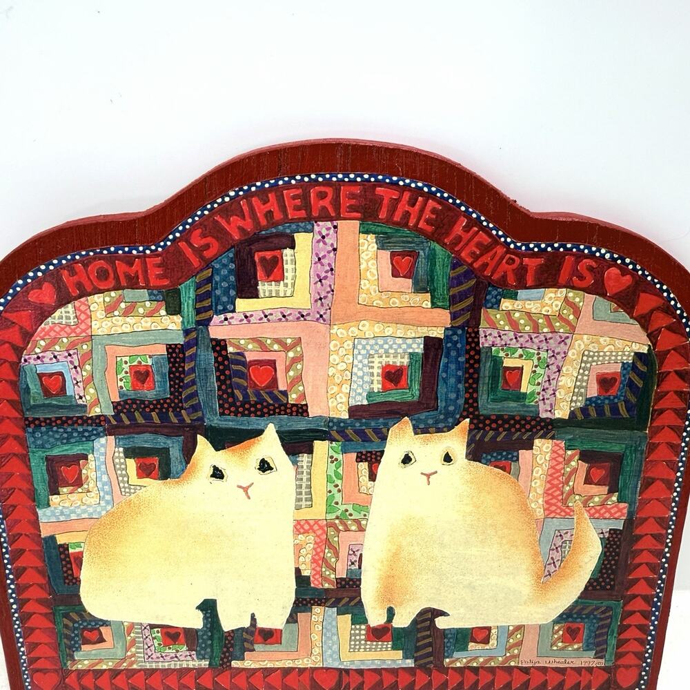 Vintage Handmade Country Cats Wooden Folk Art Plaque Home Is Where The Heart Is - Picture 3 of 5
